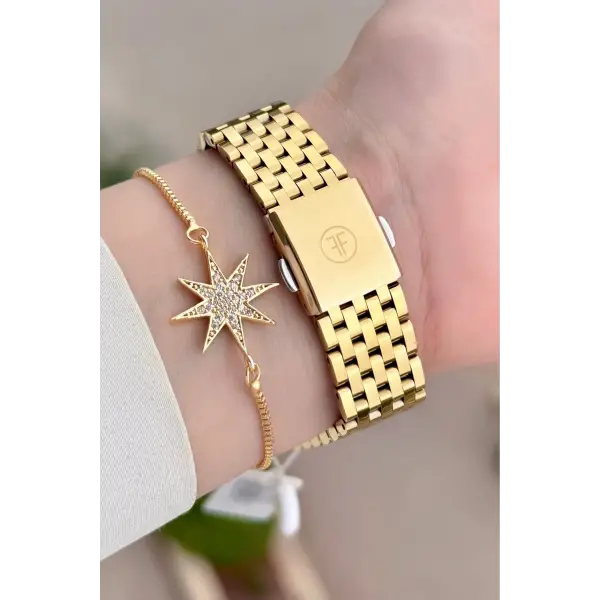 Gold Renk 38 Mm Kadın Kol Saati Ve Bileklik