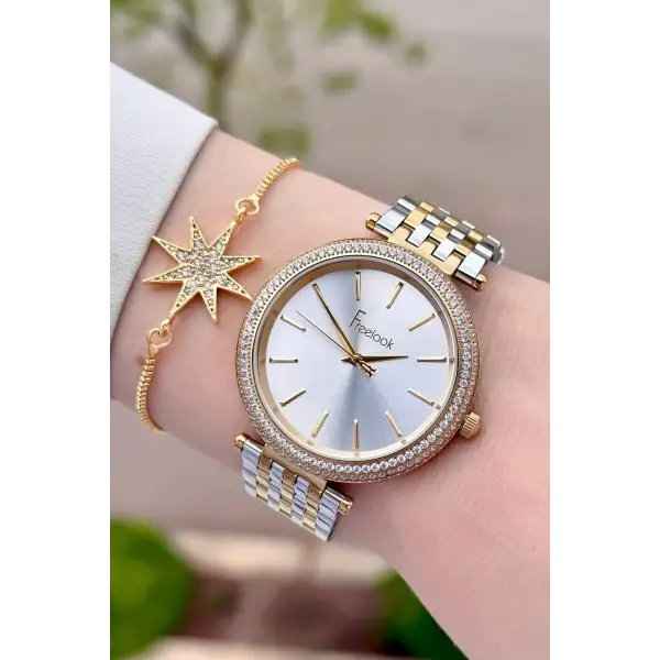 Gold Gümüş Renk 38 Mm Kadın Kol Saati Ve Bileklik