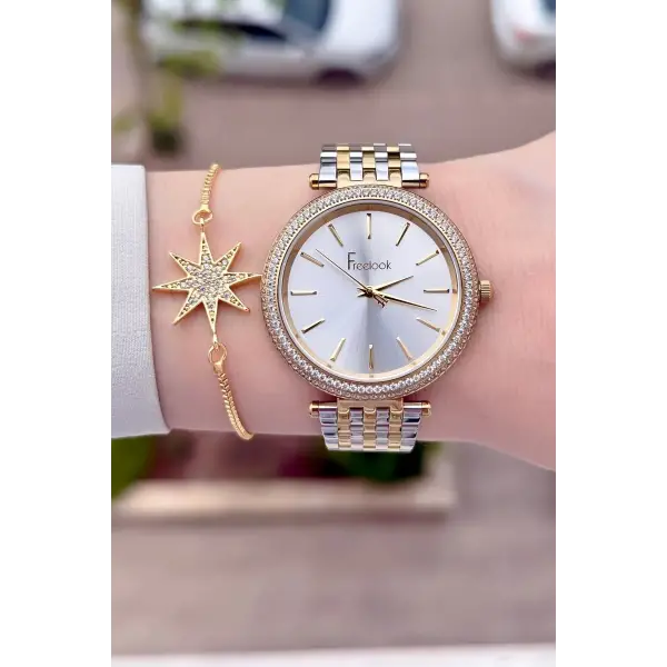 Gold Gümüş Renk 38 Mm Kadın Kol Saati Ve Bileklik