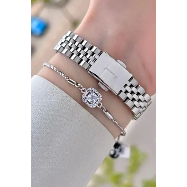 Diamond Gümüş Renk 28 Mm Kadın Kol Saati Ve Bileklik