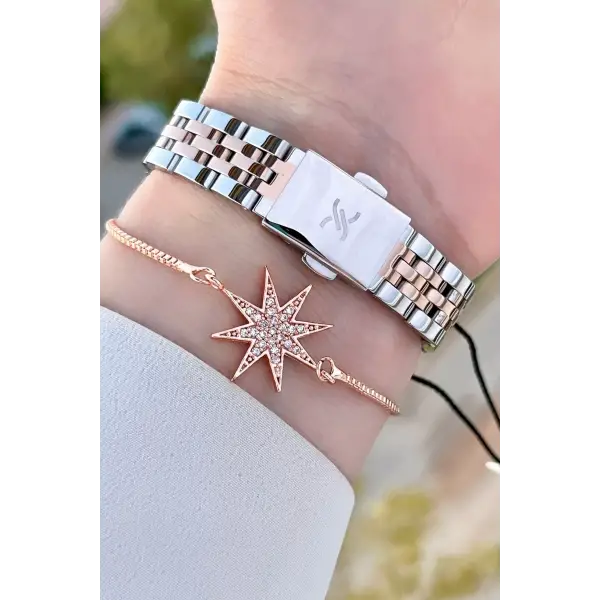 Rose Gümüş Renk Hediye Paketli Kadın Kol Saati ve Bileklik