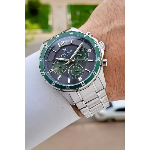 Gümüş Füme Yeşil Renk Iç Göstergeleri Aktif Erkek Kol Saati