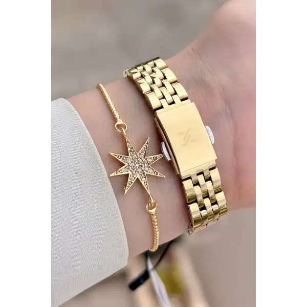 Gold Renk 28 Mm Kadın Kol Saati Ve Bileklik