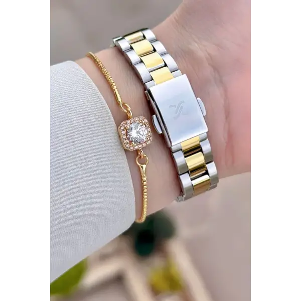 Gold Gümüş Renk 28 Mm Kadın Kol Saati Ve Bileklik