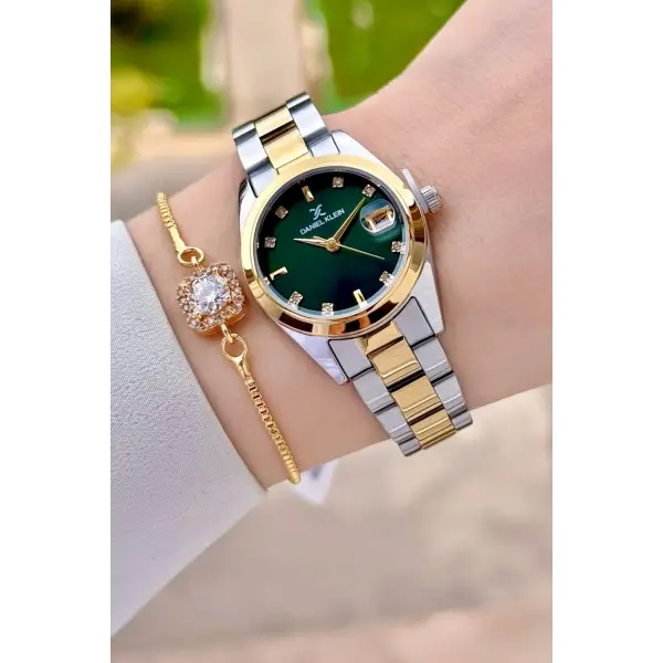 Kadranı Yeşil Kordonu Gold Gümüş Renk 28 Mm Kadın Kol Saati Ve Bileklik