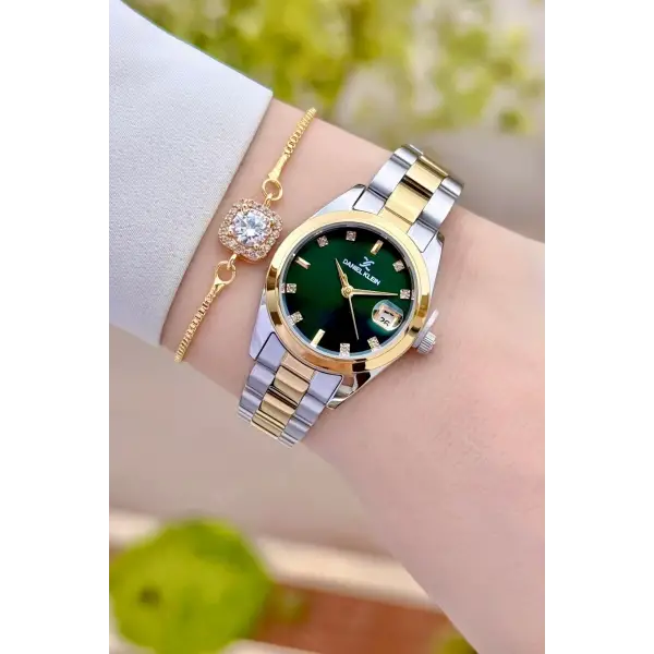 Kadranı Yeşil Kordonu Gold Gümüş Renk 28 Mm Kadın Kol Saati Ve Bileklik