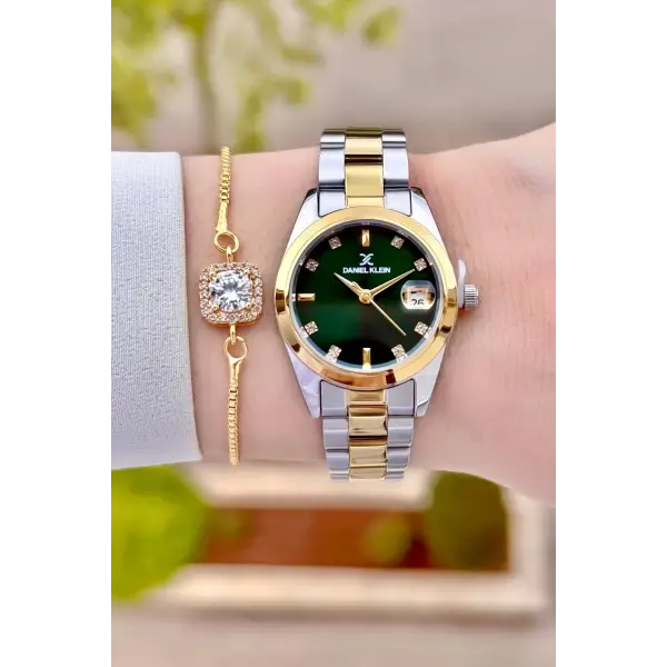 Kadranı Yeşil Kordonu Gold Gümüş Renk 28 Mm Kadın Kol Saati Ve Bileklik