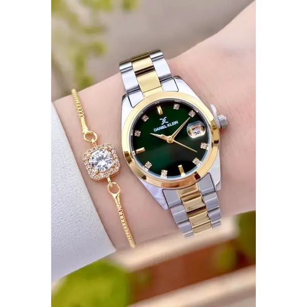 Kadranı Yeşil Kordonu Gold Gümüş Renk 28 Mm Kadın Kol Saati Ve Bileklik