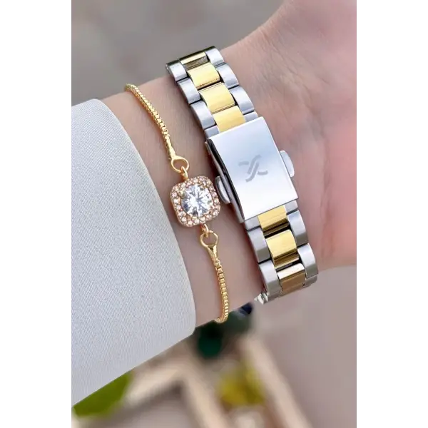 Kadranı Yeşil Kordonu Gold Gümüş Renk 28 Mm Kadın Kol Saati Ve Bileklik