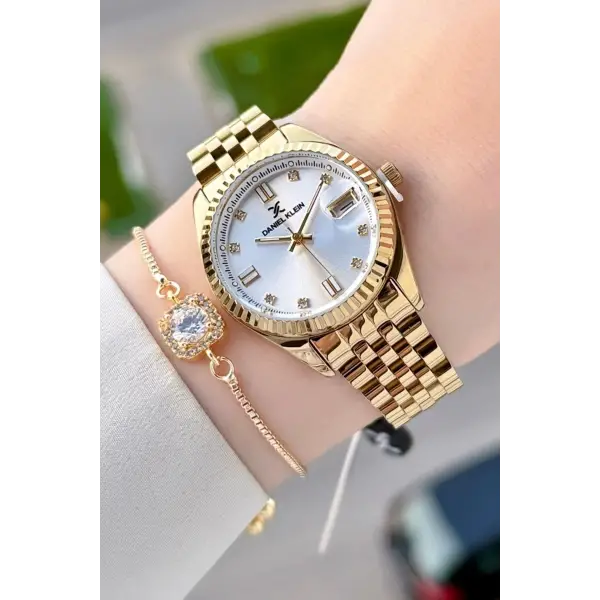 Gold Renk Hediye Paketli Kadın Kol Saati + Bileklik