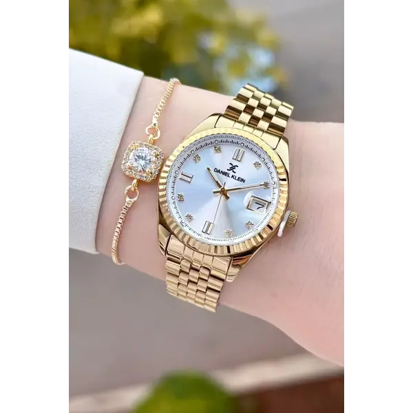 Gold Renk Hediye Paketli Kadın Kol Saati + Bileklik