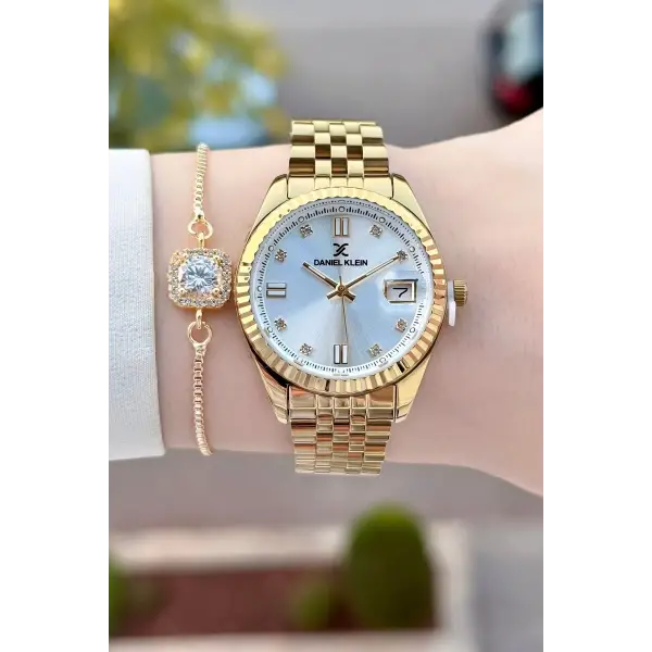 Gold Renk Hediye Paketli Kadın Kol Saati + Bileklik