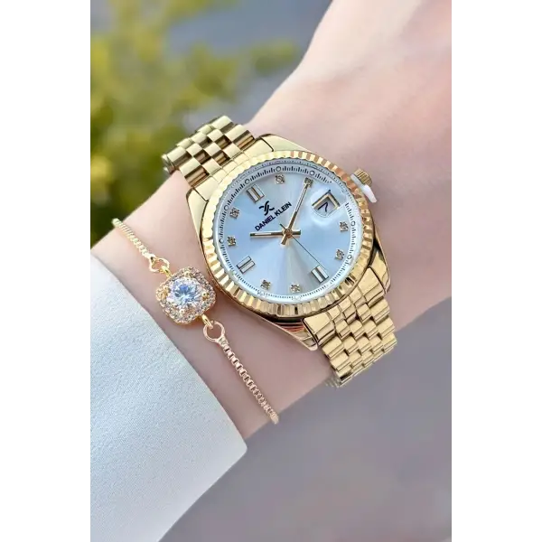 Gold Renk Hediye Paketli Kadın Kol Saati + Bileklik