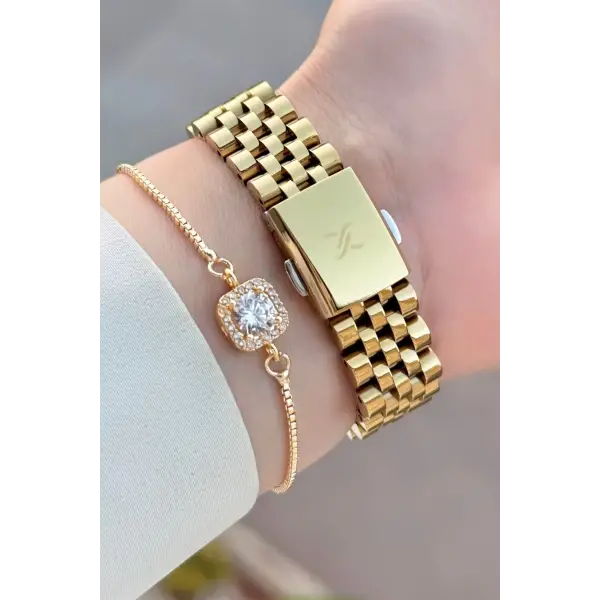 Gold Renk Hediye Paketli Kadın Kol Saati + Bileklik