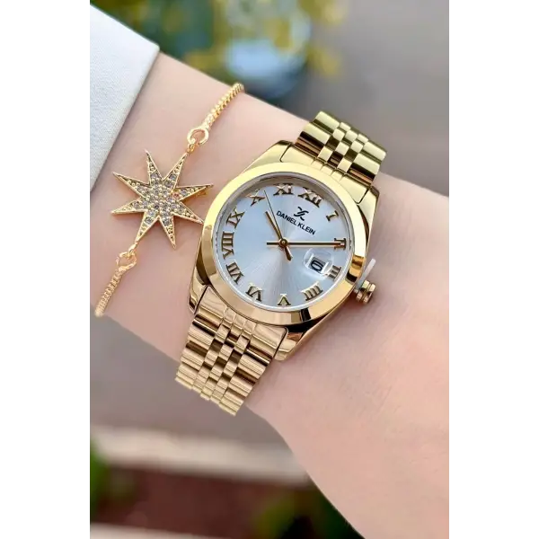 Gold Renk Hediye Paketli Kadın Kol Saati + Bileklik