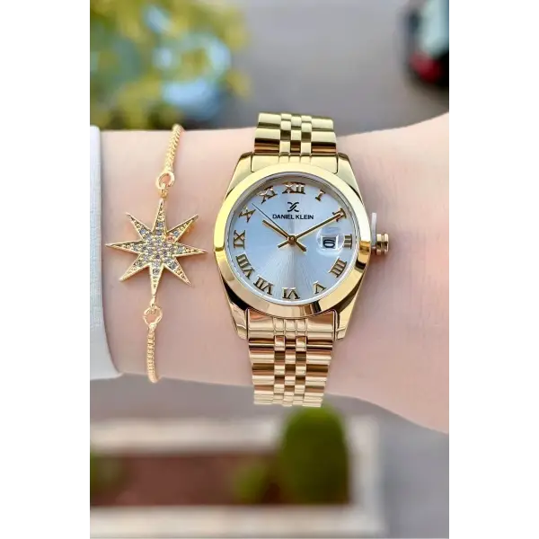 Gold Renk Hediye Paketli Kadın Kol Saati + Bileklik