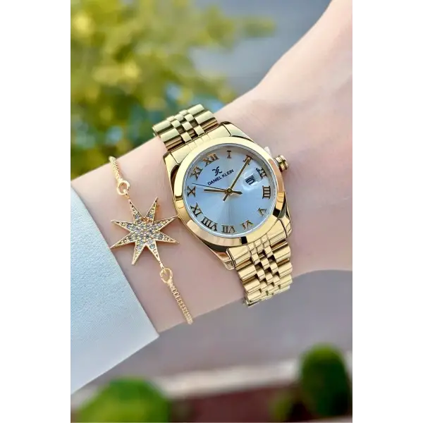 Gold Renk Hediye Paketli Kadın Kol Saati + Bileklik