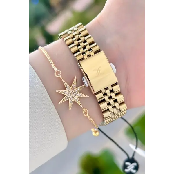 Gold Renk Hediye Paketli Kadın Kol Saati + Bileklik