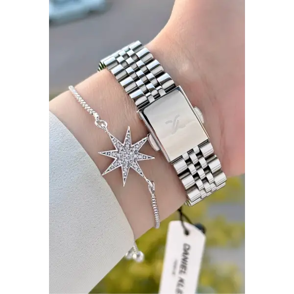 Gümüş Renk Hediye Paketli Kadın Kol Saati + Bileklik