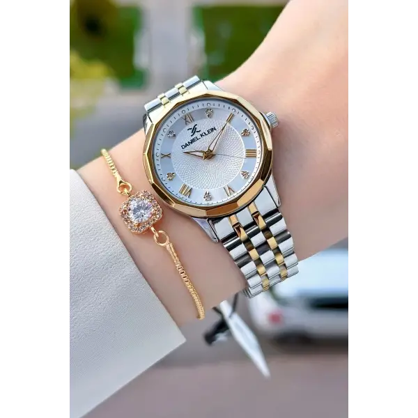 Gold Gümüş Renk Kesme Camlı Kadın Kol Saati ve Bileklik