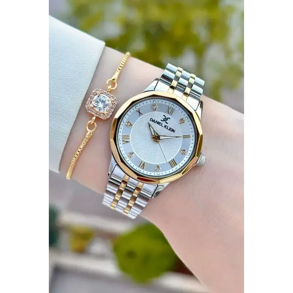 Gold Gümüş Renk Kesme Camlı Kadın Kol Saati ve Bileklik