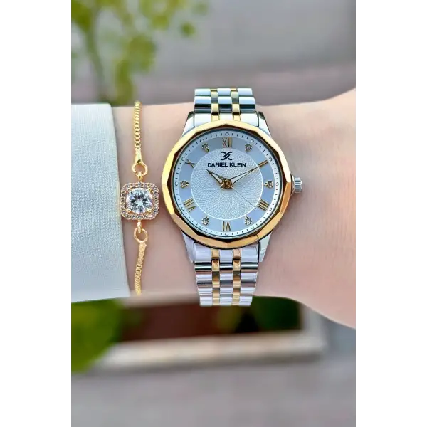 Gold Gümüş Renk Kesme Camlı Kadın Kol Saati ve Bileklik