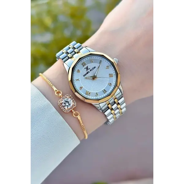 Gold Gümüş Renk Kesme Camlı Kadın Kol Saati ve Bileklik