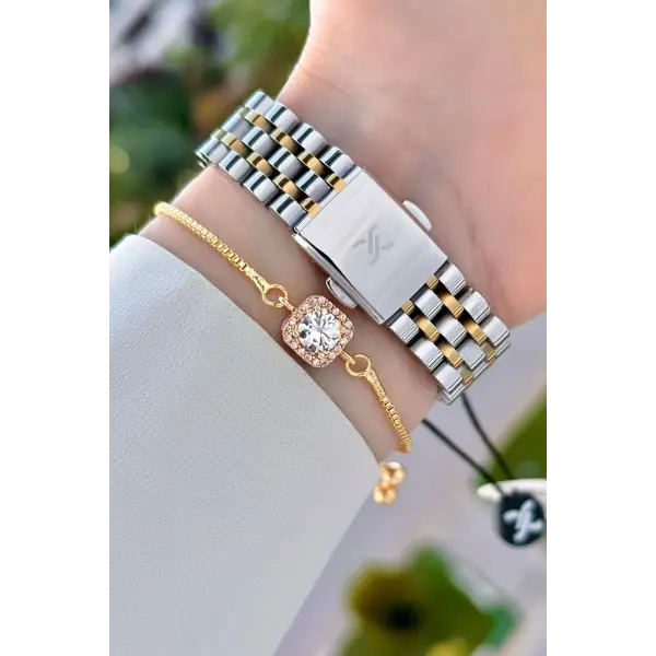 Gold Gümüş Renk Kesme Camlı Kadın Kol Saati ve Bileklik