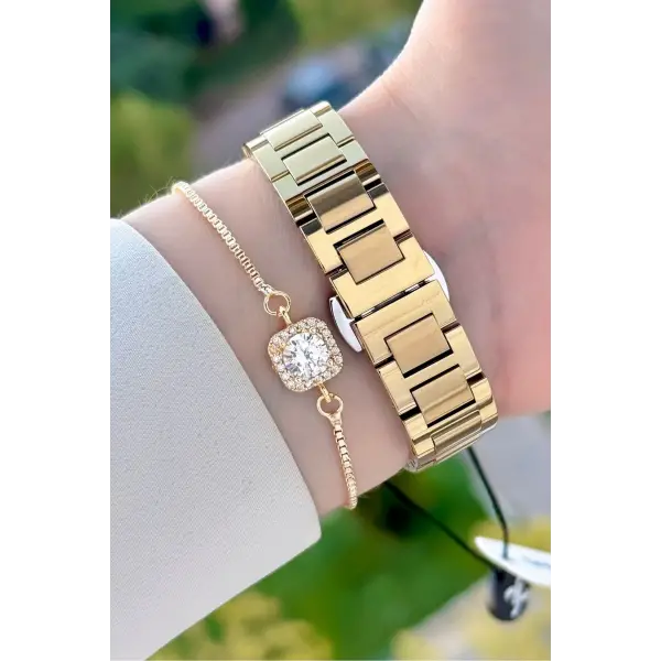 Gold Renk Kadın Kol Saati ve Bileklik