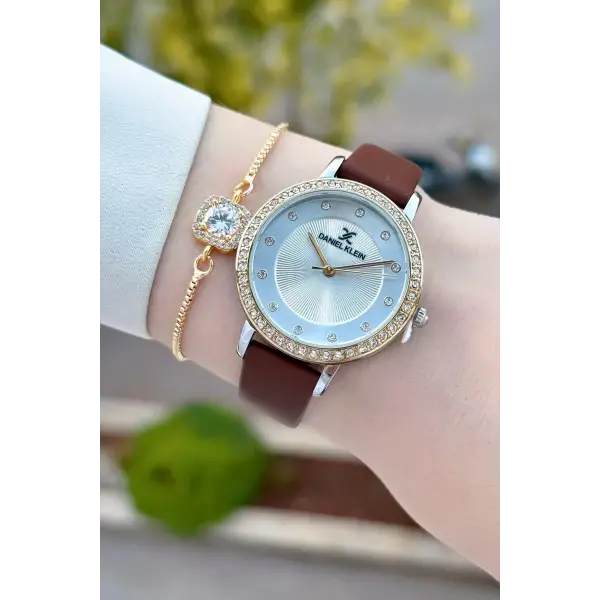 Kasası Gold Gümüş Kordonu Kahverengi Renk Deri Kordon Kadın Kol Saati Ve Bileklik