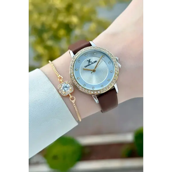 Kasası Gold Gümüş Kordonu Kahverengi Renk Deri Kordon Kadın Kol Saati Ve Bileklik