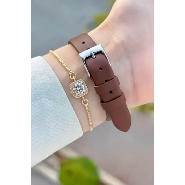 Kasası Gold Gümüş Kordonu Kahverengi Renk Deri Kordon Kadın Kol Saati Ve Bileklik