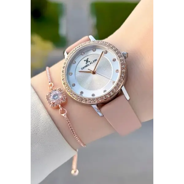 Kasası Rose Gümüş Kordonu Pudra Renk Deri Kordon Kadın Kol Saati Ve Bileklik