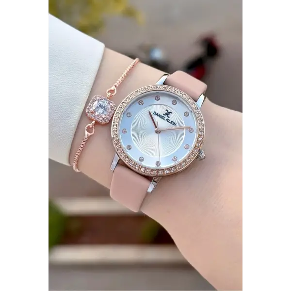 Kasası Rose Gümüş Kordonu Pudra Renk Deri Kordon Kadın Kol Saati Ve Bileklik