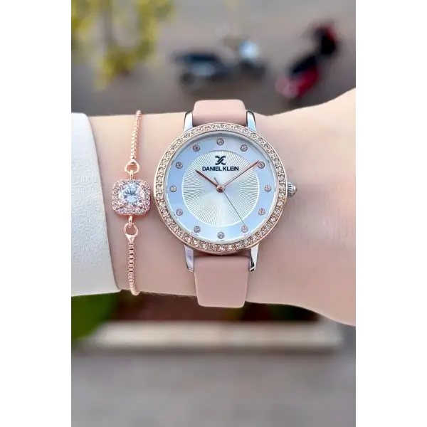 Kasası Rose Gümüş Kordonu Pudra Renk Deri Kordon Kadın Kol Saati Ve Bileklik