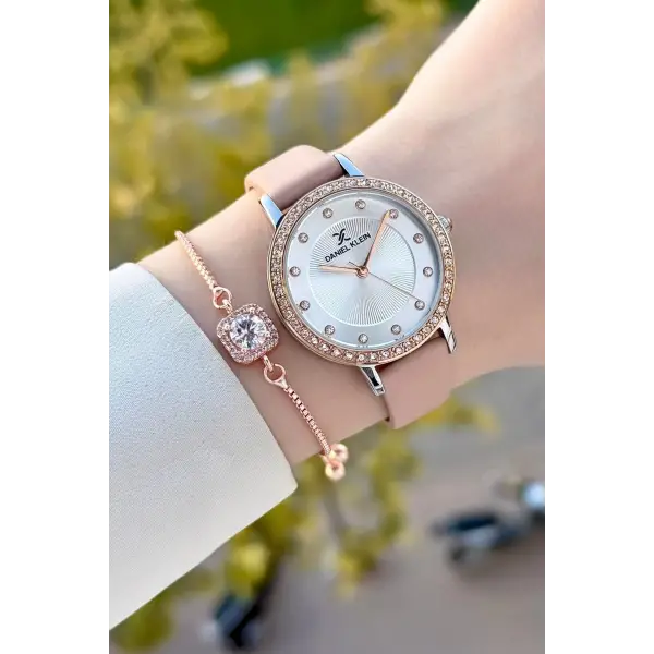 Kasası Rose Gümüş Kordonu Pudra Renk Deri Kordon Kadın Kol Saati Ve Bileklik