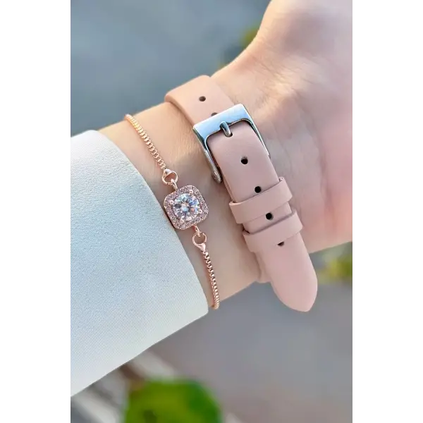 Kasası Rose Gümüş Kordonu Pudra Renk Deri Kordon Kadın Kol Saati Ve Bileklik