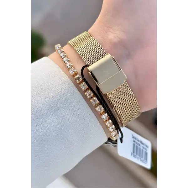 Gold Renk Hediye Paketli Kadın Kol Saati ve Bileklik