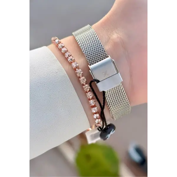 Rose Gümüş Renk Hediye Paketli Kadın Kol Saati Ve Bileklik