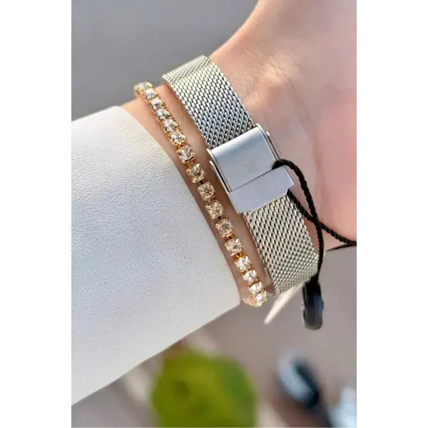 Gold Gümüş Renk Hediye Paketli Kadın Kol Saati ve Bileklik