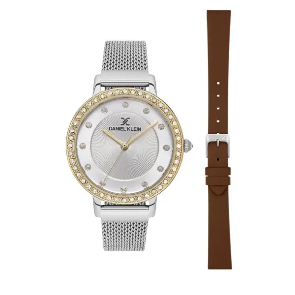 Yeni Model Gold Gümüş Renk Kadın Kol Saati ve Kahverengi Renk Deri Kordon