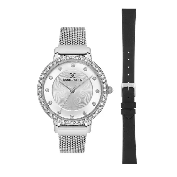 Yeni Model Gümüş Renk Kadın Kol Saati ve Siyah Renk Deri Kordon