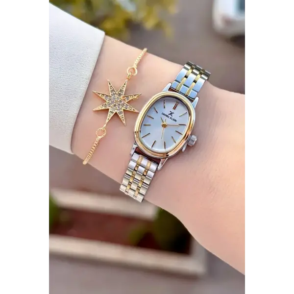 Gold Gümüş Renk Kadın Kol Saati ve Bileklik