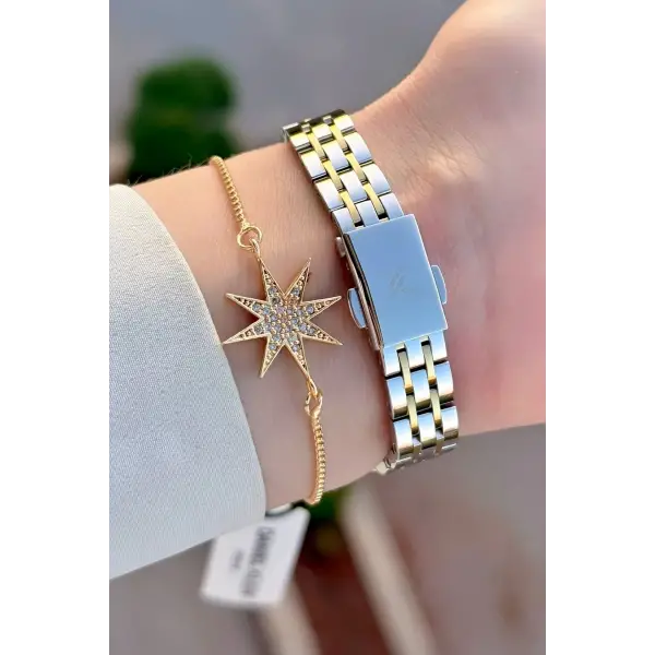 Gold Gümüş Renk Kadın Kol Saati ve Bileklik