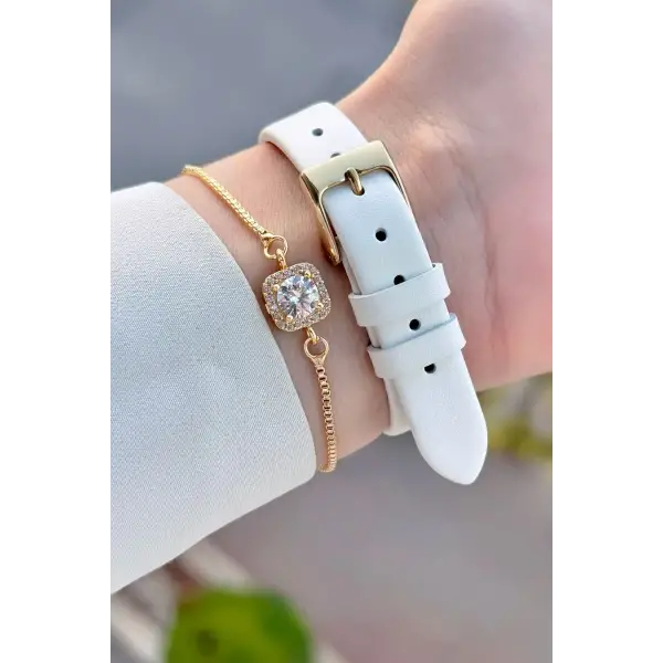 Kasası Gold Kordonu Beyaz Renk Deri Kordon Kadın Kol Saati Ve Bileklik