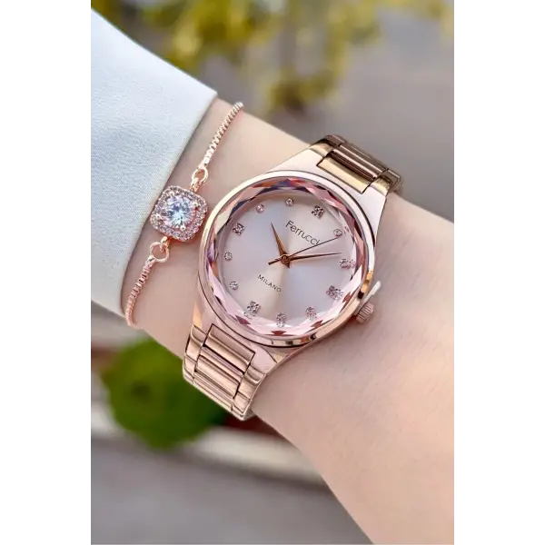 Rose Renk Kadın Kol Saati ve Bileklik