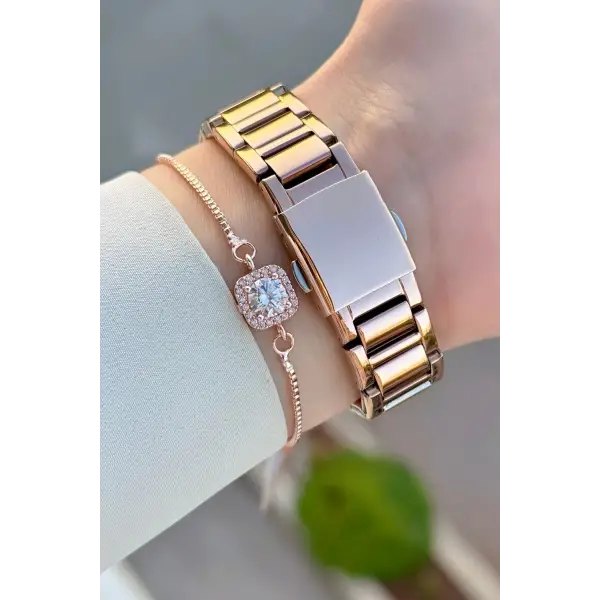 Rose Renk Kadın Kol Saati ve Bileklik