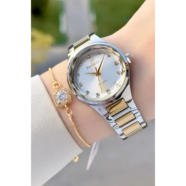 Gold Gümüş Renk Kadın Kol Saati ve Bileklik