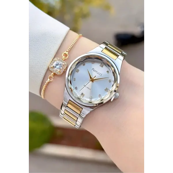 Gold Gümüş Renk Kadın Kol Saati ve Bileklik