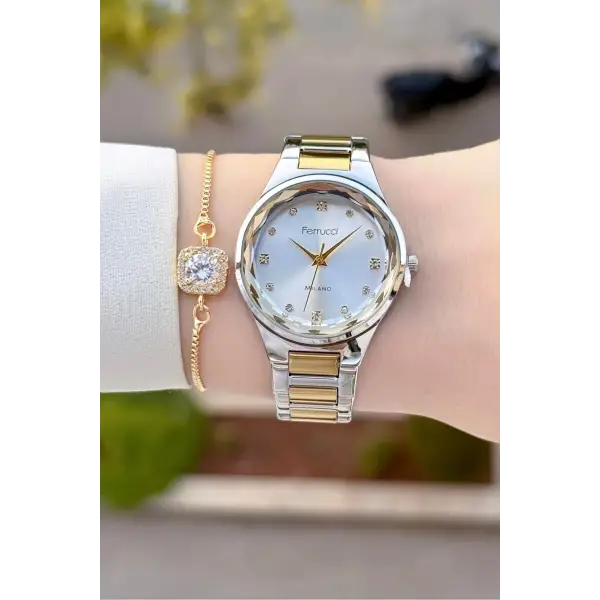 Gold Gümüş Renk Kadın Kol Saati ve Bileklik